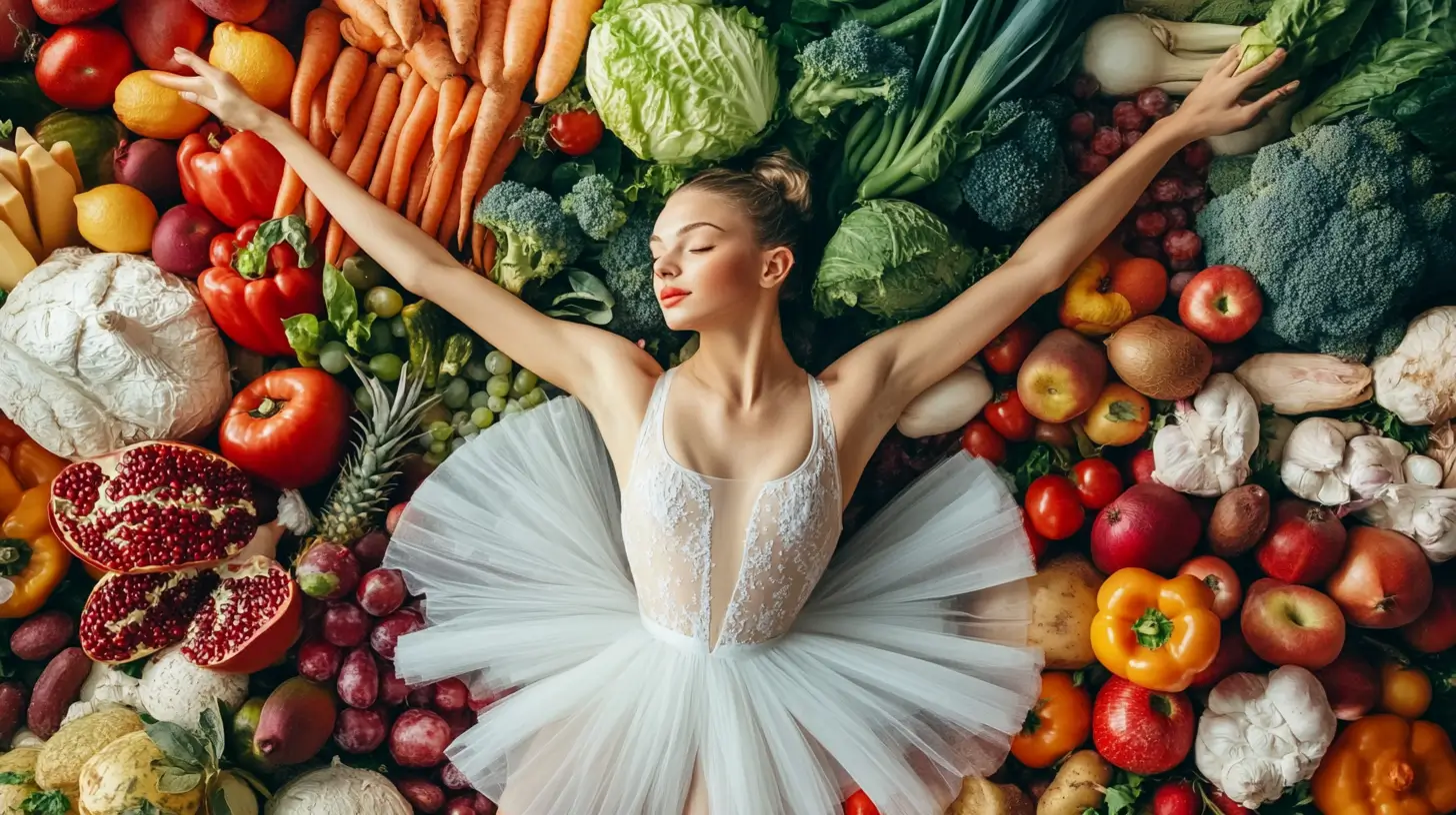 ballerina surrounded by healthy foods, representing the ballerina diet