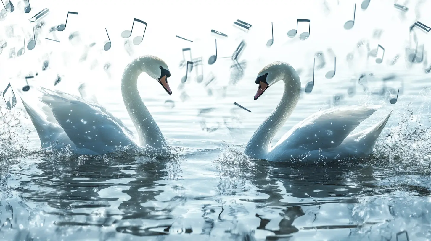 musical notes and swans, representing the musical masterpieces of Swan Lake